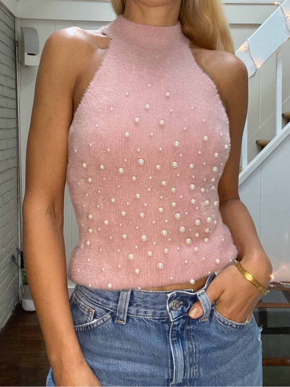 ZARA Sleeveless Pink Pearl-Embellished Halter Knit Top! 💕